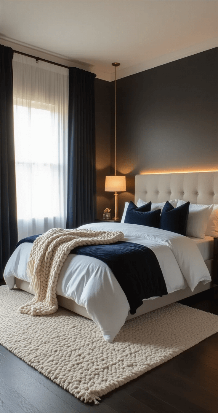 How to Create a Dark Cozy Bedroom That Actually Helps You Sleep Better A photorealistic dark cozy bedroom with charcoal gray walls and warm sunset light filtering through blackout curtains, featuring a king-size bed with white linen sheets and navy velvet pillows, a cream chunky knit blanket, plush cream rug, brass table lamps, and subtle LED lighting behind the headboard.