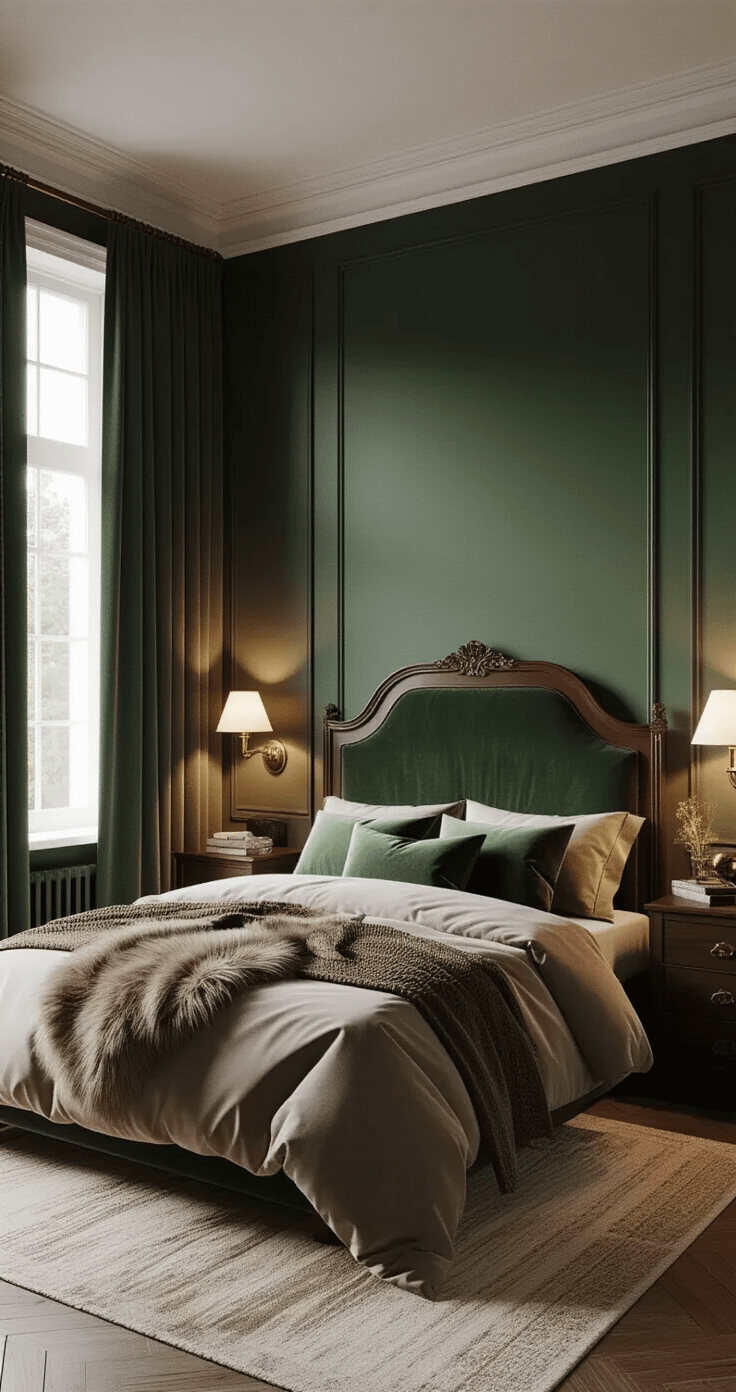 How to Create a Dark Cozy Bedroom That Actually Helps You Sleep Better Cozy bedroom with deep forest green walls, featuring a queen bed with dark wood headboard, layered soft textiles, wall sconces, and a table lamp, all illuminated in warm emerald and gold tones.