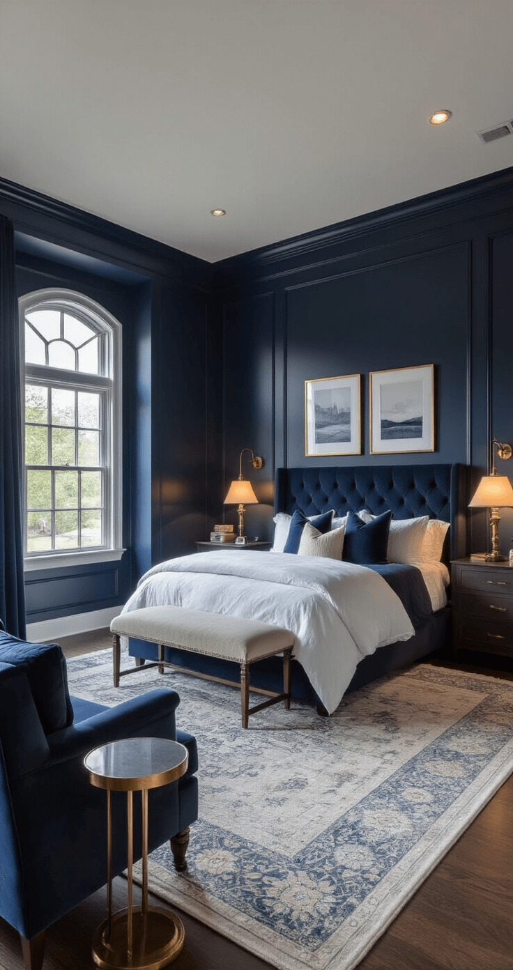 How to Create a Dark Cozy Bedroom That Actually Helps You Sleep Better A luxurious dark navy blue bedroom at twilight, featuring a statement upholstered bed with layered bedding, warm lighting from multiple sources, a plush reading chair, and elegant decor, all captured from a low angle to emphasize grandeur and sophistication.