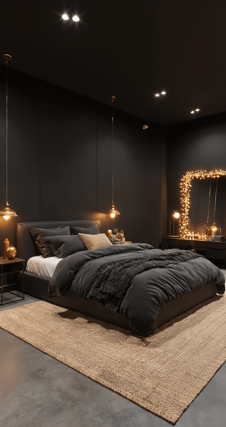 How to Create a Dark Cozy Bedroom That Actually Helps You Sleep Better Sophisticated bedroom interior with warm black walls, layered lighting, modern platform bed, polished concrete floors, and curated copper and gold decorative objects, captured from a corner angle.