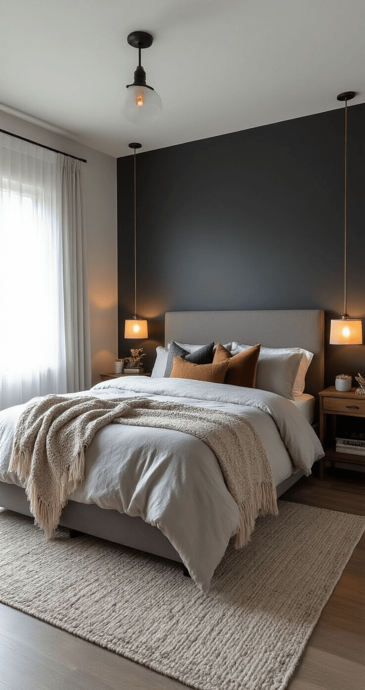 How to Create a Dark Cozy Bedroom That Actually Helps You Sleep Better A cozy budget-friendly bedroom transformation featuring a dramatic charcoal accent wall, light gray walls, warm lighting from matching table lamps and a dimmable overhead fixture, layered bedding with cotton, knit, and mixed velvet and linen pillows, and a modest area rug, all captured in natural afternoon light.