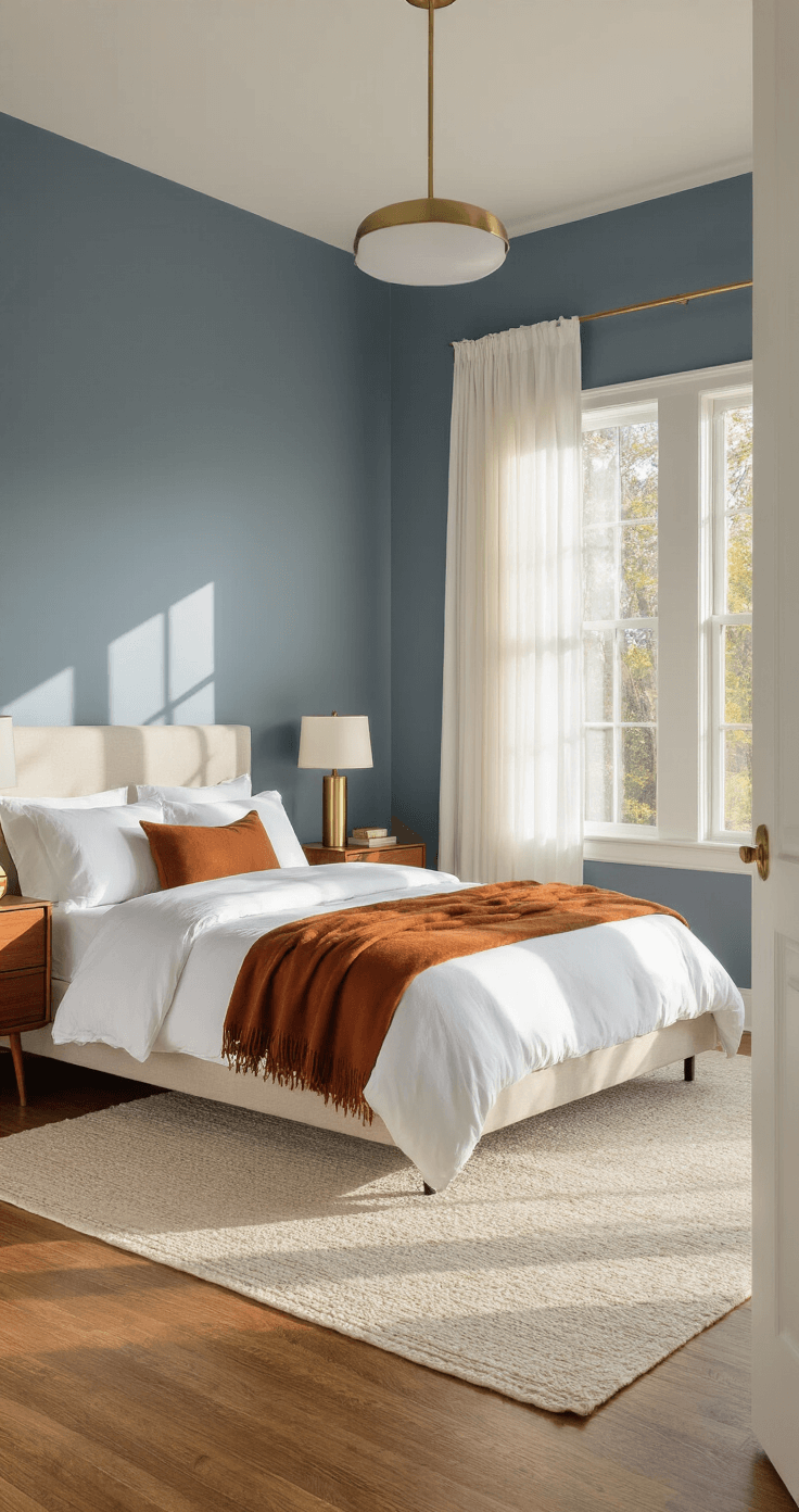 Transform Your Bedroom Into a Cozy Sanctuary: The Best Paint Colors That Actually Work A serene interior bedroom painted in Sherwin-Williams Krypton blue-gray, featuring a king-size bed with white linens and rust-colored throw blankets, mid-century nightstands with brass lamps, and honey oak hardwood floors, all softly illuminated by golden hour light streaming through sheer curtains.