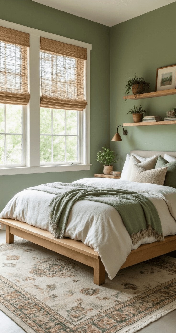 Transform Your Bedroom Into a Cozy Sanctuary: The Best Paint Colors That Actually Work Cozy bedroom with Benjamin Moore Guilford Green walls, natural oak platform bed adorned with organic cotton bedding and layered throw pillows, featuring bamboo blinds, floating shelves with plants and books, and a vintage Persian rug on polished concrete floors.