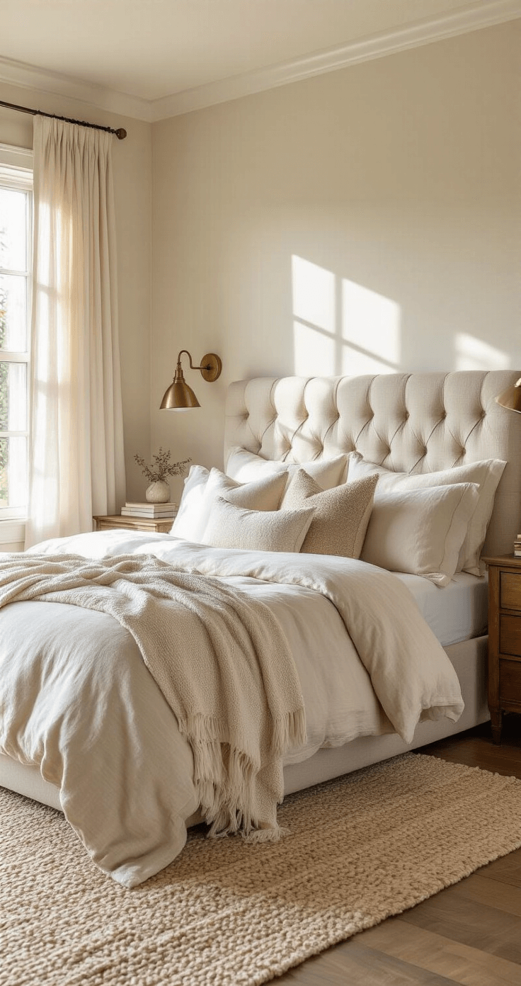 Transform Your Bedroom Into a Cozy Sanctuary: The Best Paint Colors That Actually Work Intimate bedroom scene with dappled sunlight, featuring a tufted oatmeal linen headboard, layered cream and taupe throws, vintage brass sconces, rich walnut furniture, and sheer ivory curtains, conveying timeless comfort and coziness.