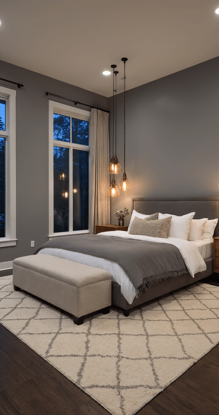 Transform Your Bedroom Into a Cozy Sanctuary: The Best Paint Colors That Actually Work Modern master bedroom in twilight featuring Gray Timber Wolf paint, low-profile platform bed with charcoal gray upholstery, warm wood accents, layered illumination from pendant lights and table lamps, plush cream and gray geometric area rug, and large windows with blackout curtains, all encapsulating a mood of sophisticated serenity.