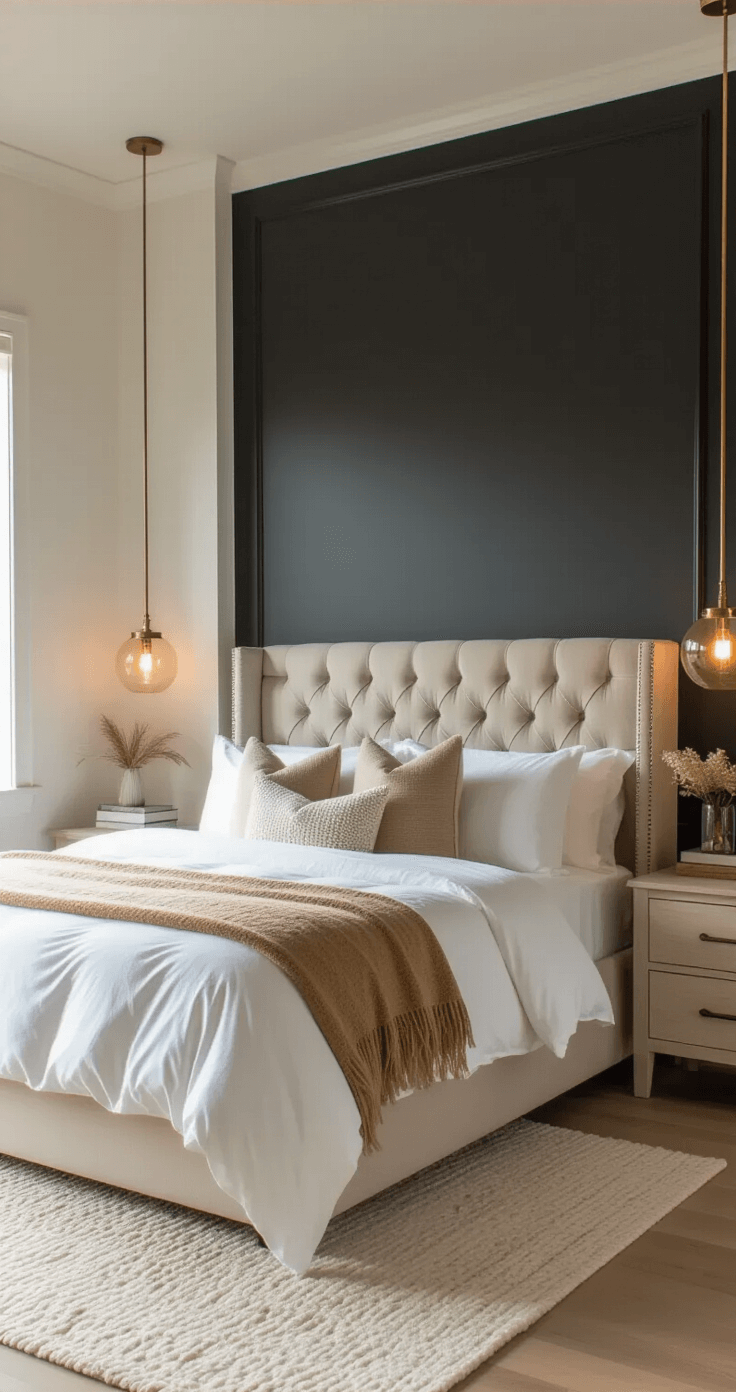 Transform Your Bedroom Into a Cozy Sanctuary: The Best Paint Colors That Actually Work Elegant bedroom featuring a Cyberspace charcoal accent wall behind a tufted headboard, with warm evening light highlighting crisp white bedding, cream pillows, and a camel cashmere throw. Brass pendant lights and warm-bulb lamps create inviting golden pools of light, complemented by light oak floors and a large cream wool rug for a luxurious, cocoon-like atmosphere.