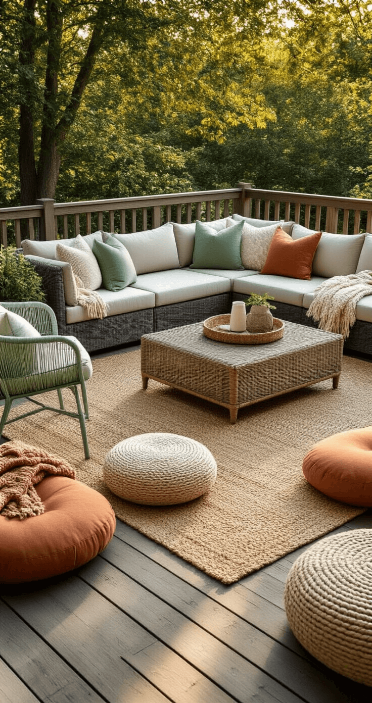 Transform Your Outdoor Space: 15+ Cozy Patio Ideas That Actually Work Golden hour scene of a cozy patio with a charcoal gray sectional sofa, cream and sage green cushions, a natural wicker coffee table, and mismatched vintage metal chairs in soft mint and dusty rose, surrounded by a jute rug and warm terracotta floor cushions, all bathed in warm afternoon light.