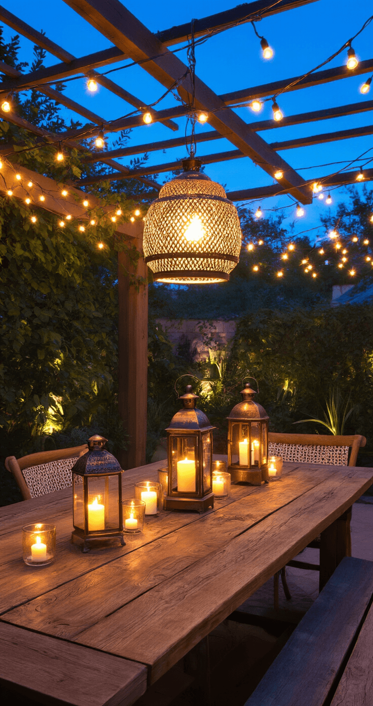 Transform Your Outdoor Space: 15+ Cozy Patio Ideas That Actually Work Twilight scene of a cozy patio with warm lighting, featuring draped copper string lights, vintage brass solar lanterns on a wooden dining table, flickering LED candles in glass holders, and a statement pendant lamp, all under a deep blue sky.