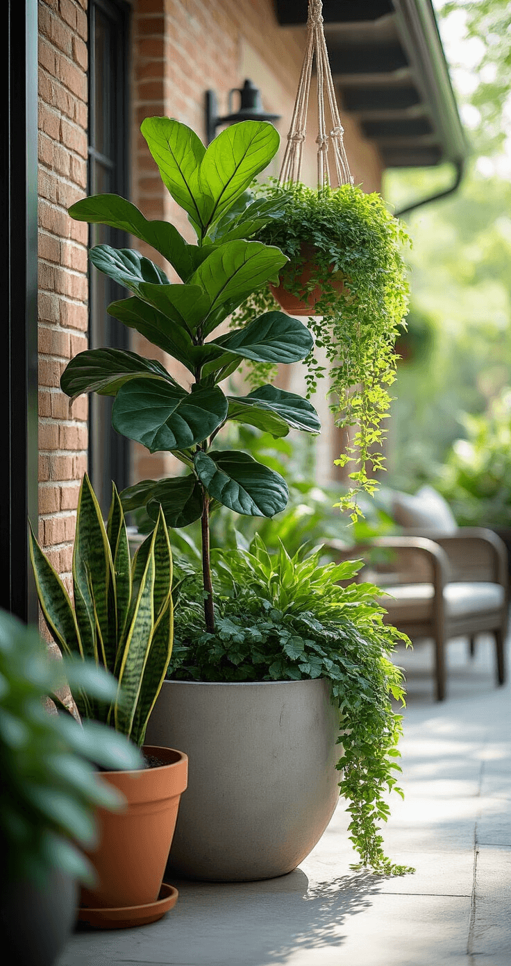 Transform Your Outdoor Space: 15+ Cozy Patio Ideas That Actually Work Close-up shot of a lush plant arrangement with a fiddle leaf fig, cascading pothos in macrame hangers, and snake plants in terracotta pots, creating a natural privacy screen in morning light, casting dappled shadows on brick walls, with outdoor furniture glimpsed in the background.