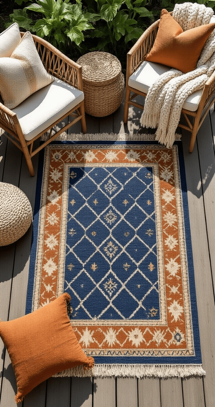 Transform Your Outdoor Space: 15+ Cozy Patio Ideas That Actually Work Overhead view of a layered outdoor rug arrangement on teak decking, featuring a large navy geometric rug and a smaller vintage Persian runner, surrounded by woven seagrass baskets, a chunky oatmeal throw, and various textured pillows, all highlighted by natural afternoon light.