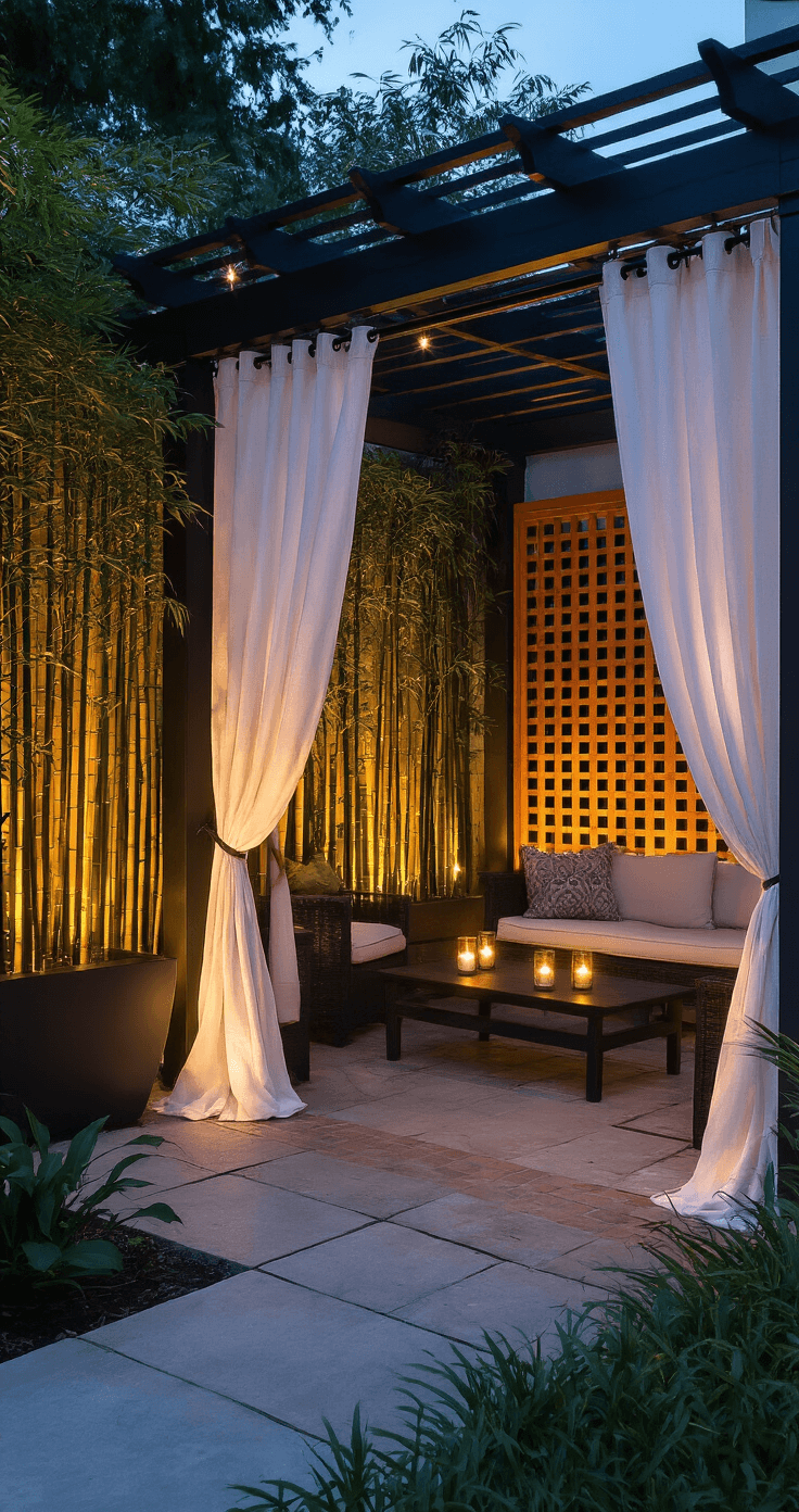 Transform Your Outdoor Space: 15+ Cozy Patio Ideas That Actually Work Dramatic evening shot of a cozy patio featuring flowing white linen curtains, black iron rods, tall bamboo plants in fiberglass planters, warm cedar lattice panels, and moody lighting from string lights and table lamps, creating an intimate, semi-private outdoor space.
