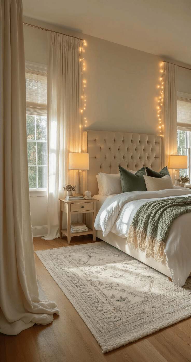 Transform Your Bedroom Into a Cozy Sanctuary: My Complete Guide to Creating the Perfect Retreat A cozy master bedroom viewed from a low angle, featuring golden hour sunlight through sheer curtains, warm amber lamps on nightstands, and string lights above a tufted headboard. A king-size bed is adorned with white sheets, a sage green throw, and dusty blue pillows, all set atop hardwood floors and a cream geometric rug.