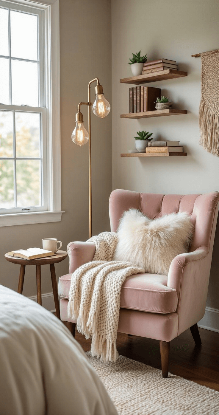 Transform Your Bedroom Into a Cozy Sanctuary: My Complete Guide to Creating the Perfect Retreat A cozy bedroom corner featuring a blush velvet reading chair with a cream cable-knit throw and faux fur pillow, a brass floor lamp with an Edison bulb, and floating shelves with leather-bound books and succulents, bathed in soft morning light.
