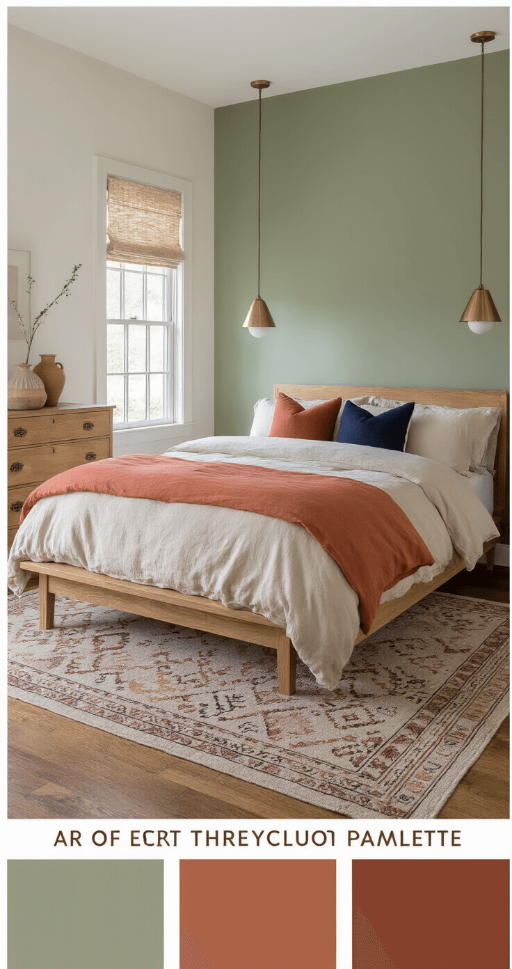 Transform Your Bedroom Into a Cozy Sanctuary: My Complete Guide to Creating the Perfect Retreat A beautifully styled bedroom showcasing a color palette with warm sage green feature wall, creamy white walls, a natural oak platform bed dressed in terracotta linen and accented with navy and burnt orange pillows, complemented by a geometric area rug, brushed brass pendant lights, and a vintage wooden dresser adorned with coordinating ceramic vases, all captured in soft mid-afternoon lighting.