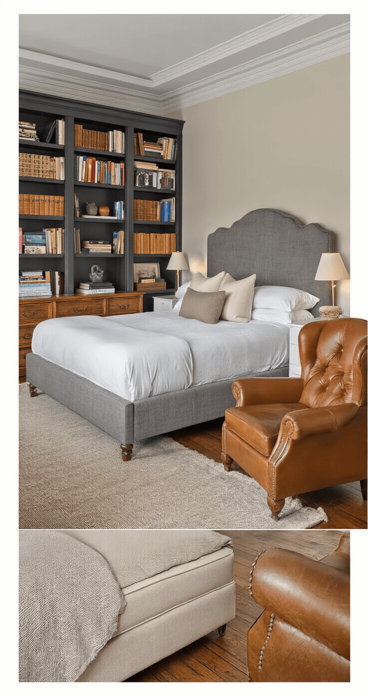 Transform Your Bedroom Into a Cozy Sanctuary: My Complete Guide to Creating the Perfect Retreat A cozy bedroom layout featuring a queen bed with a charcoal linen camelback headboard, mismatched nightstands, a cognac leather reading chair, and a cream upholstered storage bench, all illuminated by warm evening light.