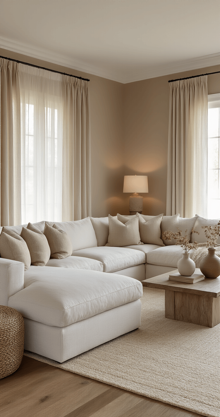 Transform Your Space Into a Cozy Sanctuary: The Ultimate Guide to Creating Warm, Inviting Interiors Photorealistic interior of a warm, neutral living room featuring a plush white sectional sofa, textured throw pillows, and hardwood floors, bathed in golden afternoon light through sheer curtains.