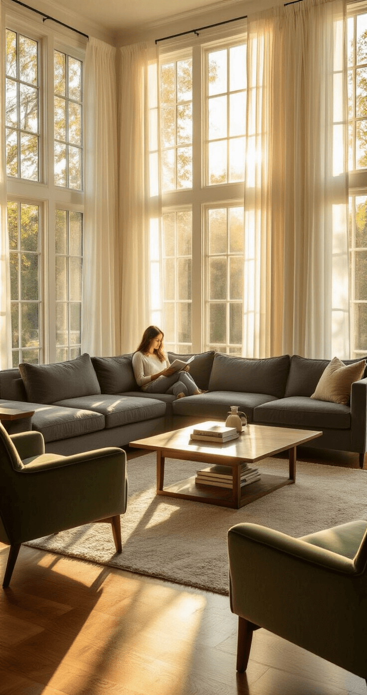 Transform Your Space Into a Cozy Sanctuary: The Ultimate Guide to Creating Warm, Inviting Interiors A spacious living room with a charcoal gray sectional and a sage green velvet armchair, bathed in golden hour sunlight from floor-to-ceiling windows, featuring a wood coffee table and sheer white curtains fluttering in the breeze, while a woman's silhouette reads by the window.