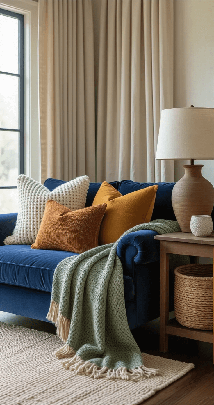 Transform Your Space Into a Cozy Sanctuary: The Ultimate Guide to Creating Warm, Inviting Interiors Intimate detail shot of a cozy corner featuring a deep navy velvet sofa with an arrangement of decorative pillows in cream, mustard yellow, and terracotta, draped with a sage green cashmere throw. A rich walnut side table showcases a jute runner, a ceramic lamp, and a woven basket, with floor-length linen curtains puddling on dark hardwood floors, all illuminated by soft, warm lighting.