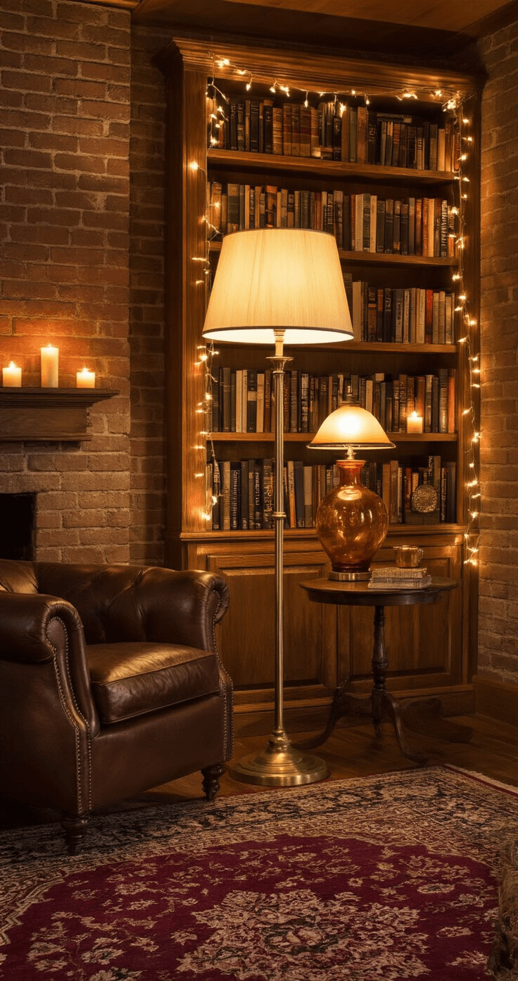 Transform Your Space Into a Cozy Sanctuary: The Ultimate Guide to Creating Warm, Inviting Interiors Cozy evening reading room with layered warm lighting from a brass floor lamp, vintage table lamp, and string lights; features a leather armchair, side table, rustic mantel with flickering candles, and a deep burgundy Persian rug against an exposed brick wall.