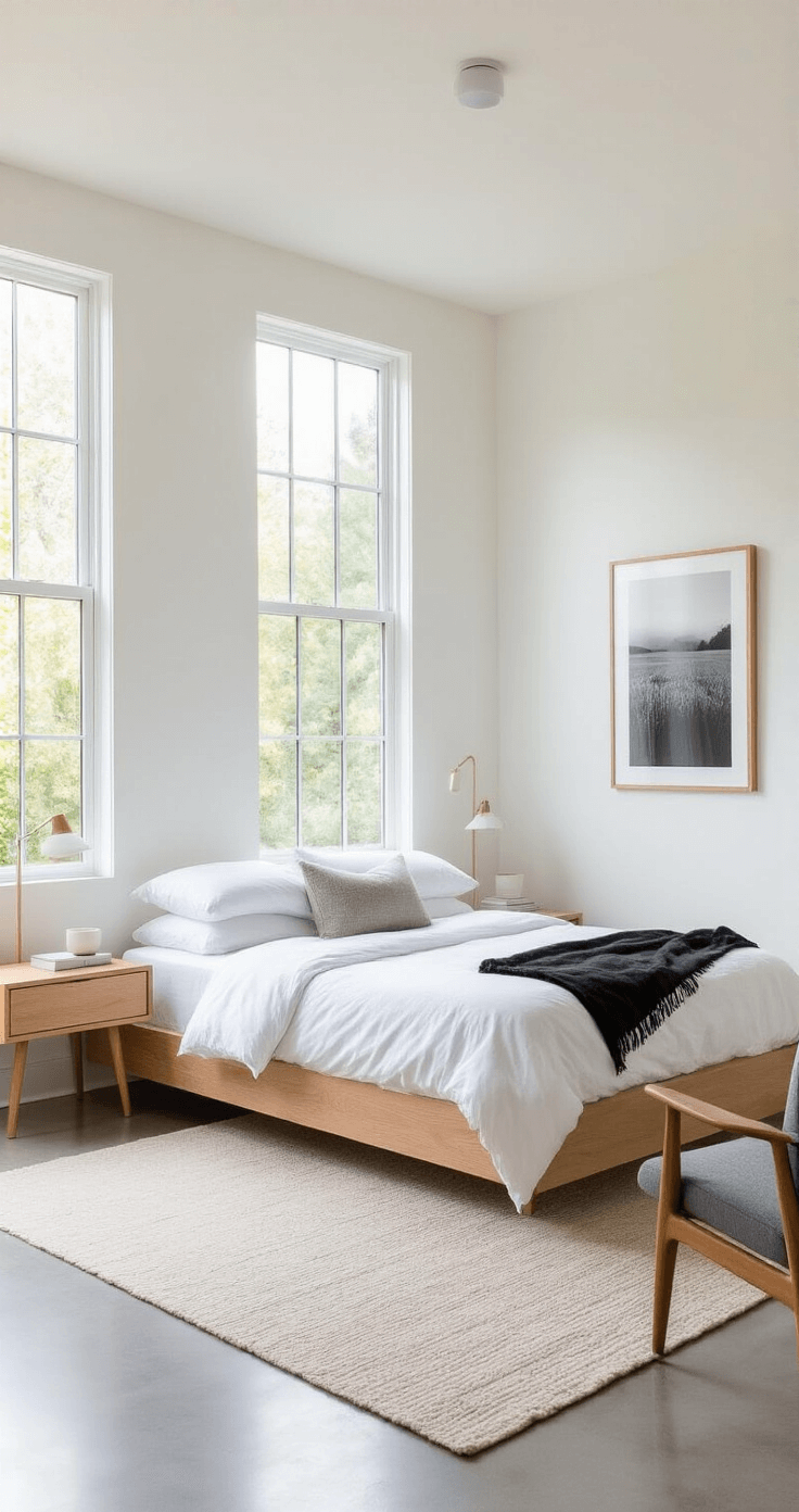 Transform Your Space Into a Cozy Sanctuary: The Ultimate Guide to Creating Warm, Inviting Interiors Bright, airy minimalist bedroom featuring a white oak platform bed with crisp white linens, floor-to-ceiling windows, floating light wood nightstands, and a mid-century modern chair, all highlighted by natural light and a serene, uncluttered composition.