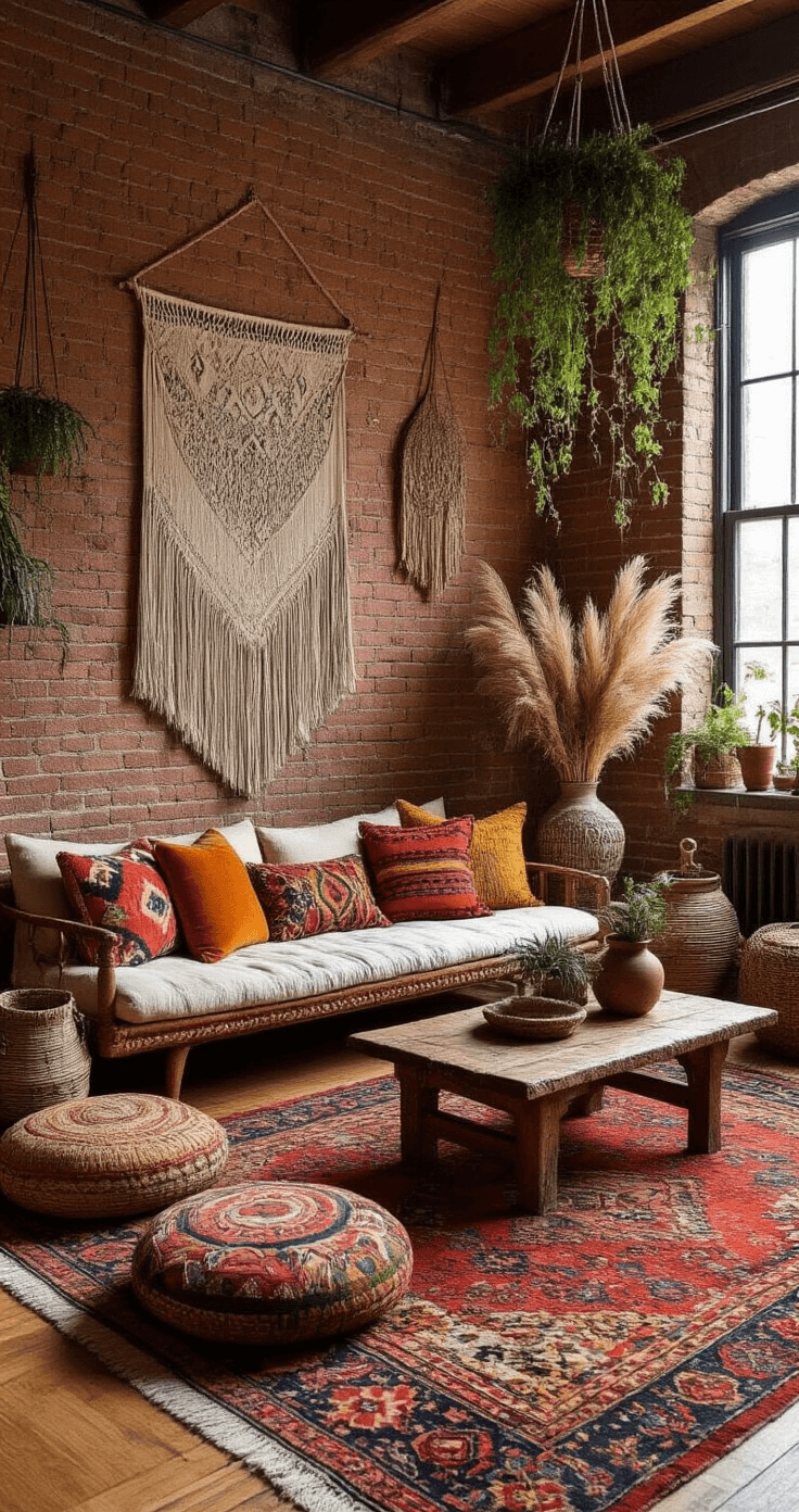 Transform Your Space Into a Cozy Sanctuary: The Ultimate Guide to Creating Warm, Inviting Interiors A vibrant bohemian living room with layered vintage Persian rugs, a low-profile sofa adorned with mixed throw pillows, macramé wall hangings, and dried pampas grass in ceramic vessels, all bathed in warm, filtered natural light.