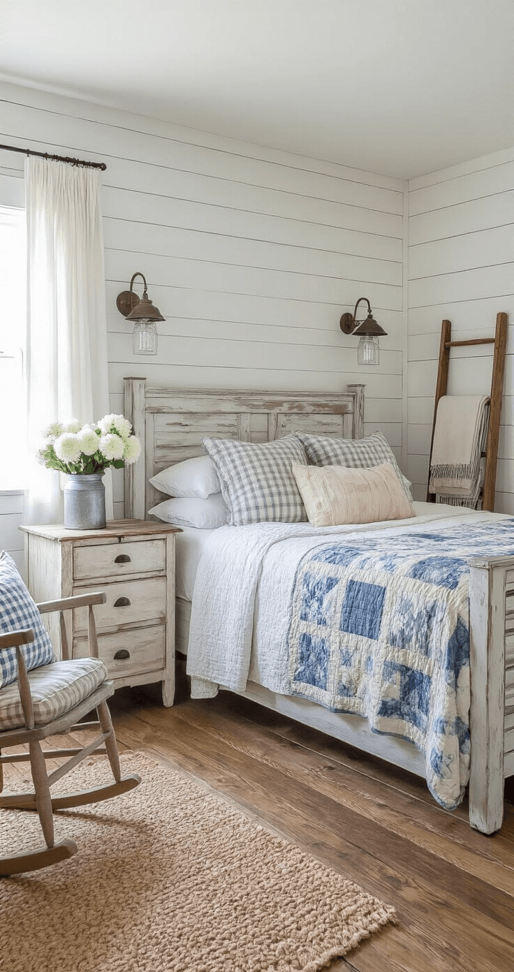 Transform Your Space Into a Cozy Sanctuary: The Ultimate Guide to Creating Warm, Inviting Interiors Cozy farmhouse bedroom with weathered white shiplap accent wall, distressed wood bed frame, vintage quilt in blues and creams, warm lighting from mason jar sconces, vintage ladder with quilts, hardwood floors, galvanized metal pitcher with white flowers on nightstand, woven jute rug, rocking chair with gingham cushion, and soft, warm ambiance.