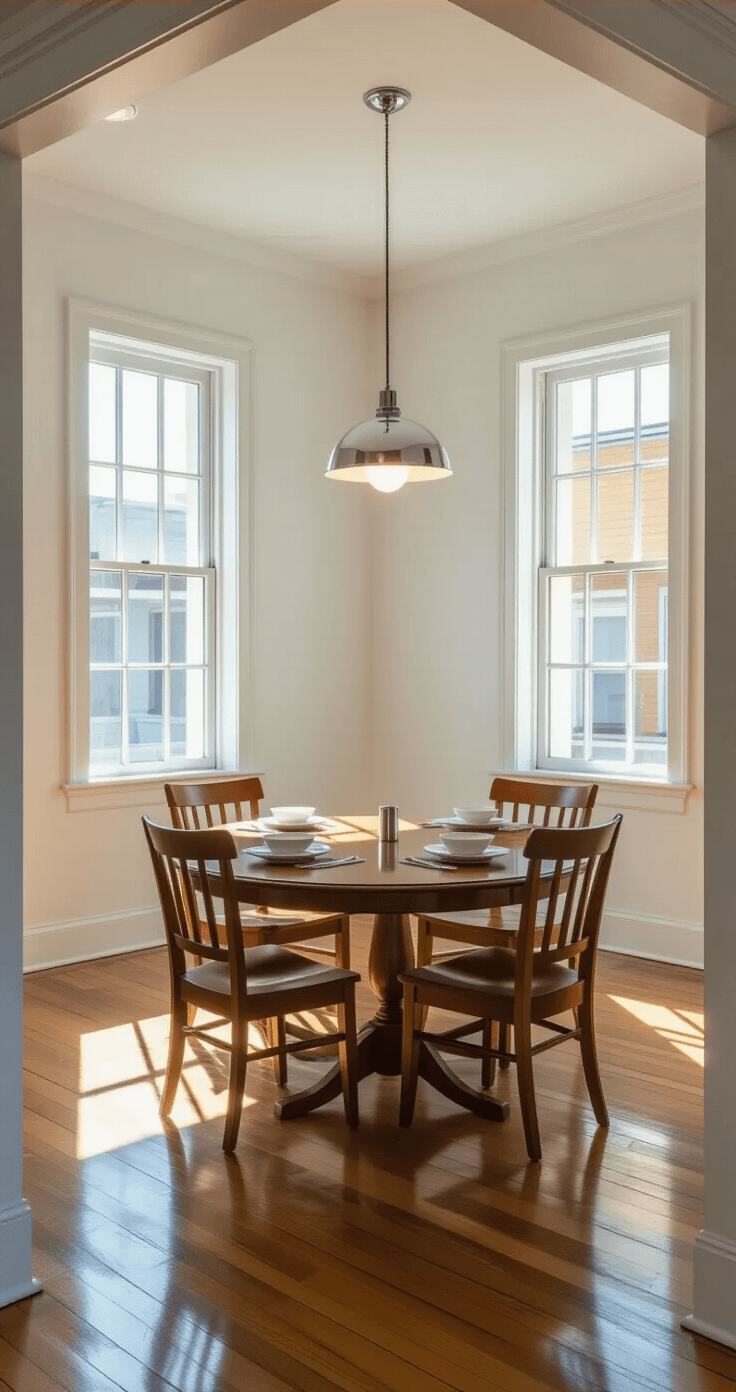 Creating a Cozy Dining Room: My Journey from Stuffy to Spectacular Photorealistic image of a medium-sized dining room during golden hour, featuring harsh fluorescent lighting, uncomfortable wooden chairs, a bare mahogany table, stark white walls, polished hardwood floors, and a single chrome pendant light, creating an unwelcoming, sterile atmosphere.