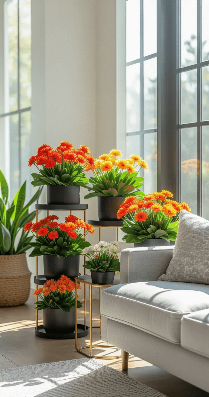 A sunlit modern living room featuring vibrant Kalanchoe plants on a black multi-tier stand, a grey linen sofa, and brass accent tables, with floor-to-ceiling windows and a contemporary minimalist style.