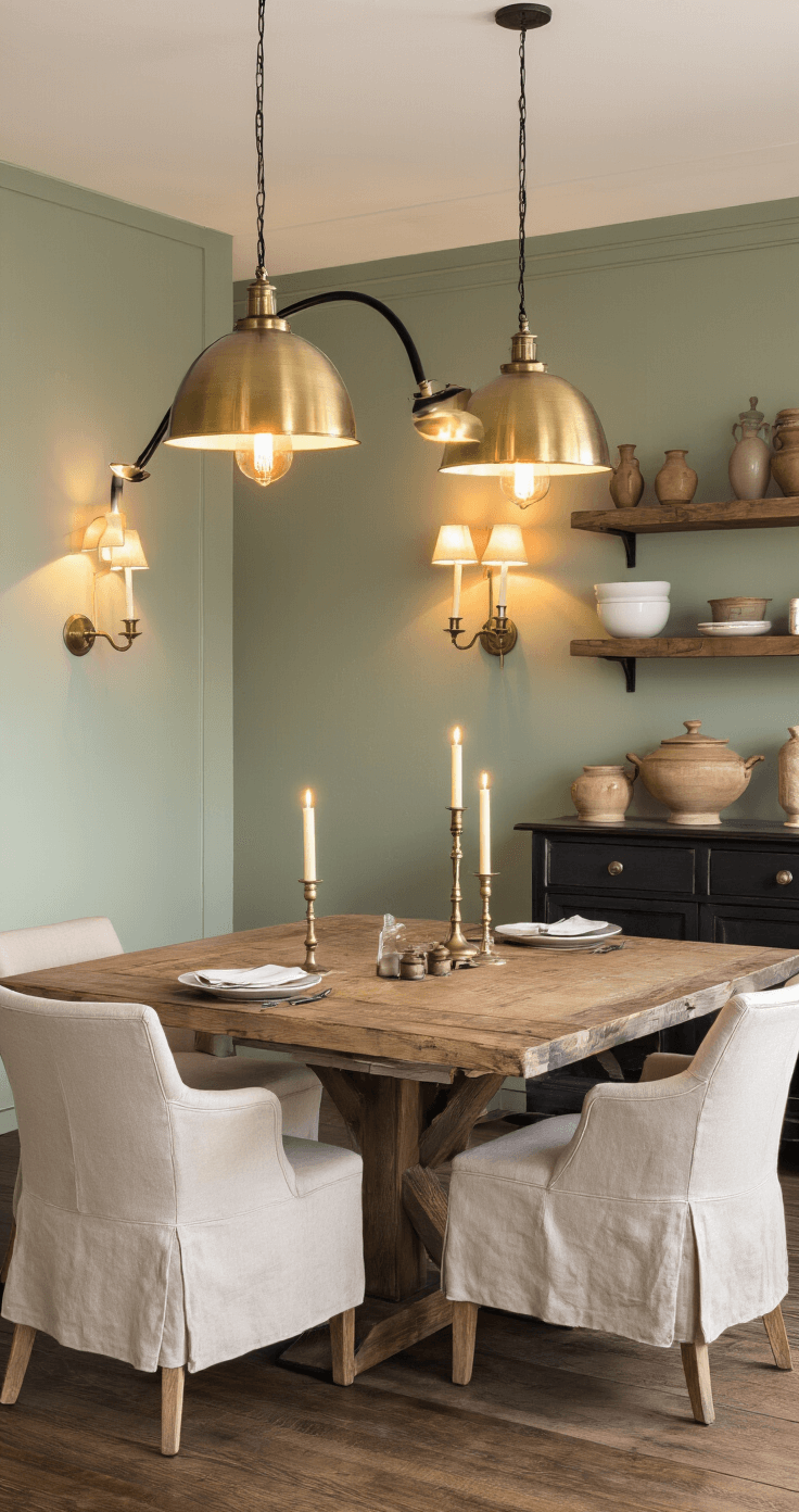 Creating a Cozy Dining Room: My Journey from Stuffy to Spectacular Warm and inviting dining room interior with ambient lighting, featuring a reclaimed wood dining table, brass pendant lights, sage green walls, Edison bulbs, and a walnut sideboard, captured from a corner angle at 7 PM.