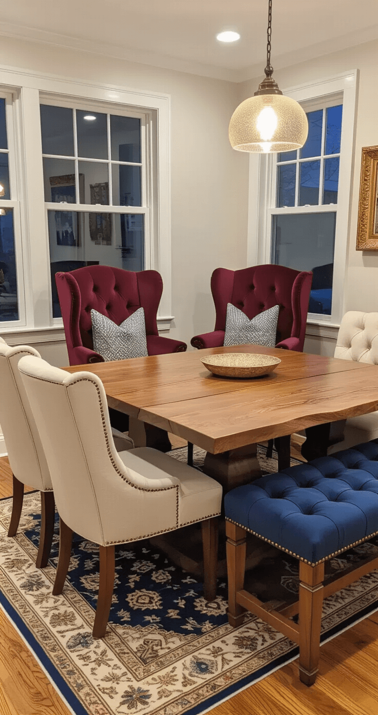 Creating a Cozy Dining Room: My Journey from Stuffy to Spectacular Cozy dining room with a live-edge oak table surrounded by vintage burgundy velvet wingback chairs, cream upholstered chairs, and a navy tufted bench, featuring a Persian-style rug and warm pendant lighting.
