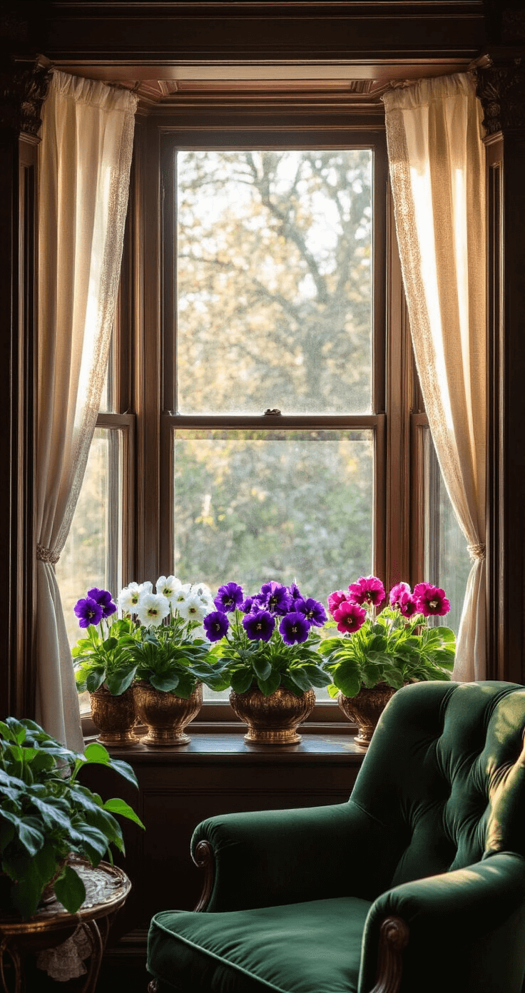 Cozy Victorian bay window alcove with ornate molding, showcasing African Violets in deep purple, soft pink, and pure white on an antique brass étagère, illuminated by afternoon golden hour light. A vintage forest green velvet armchair is nearby, all captured from a 45-degree angle to highlight the window architecture and plant details.