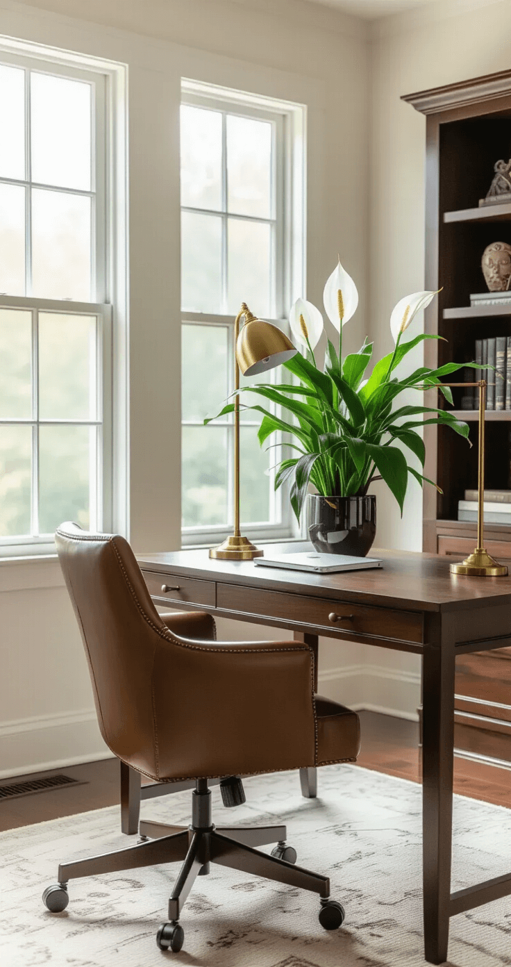 A serene home office featuring built-in shelving, illuminated by early morning diffused light from east-facing windows, showcasing a dramatic Peace Lily on a walnut desk, with a brass desk lamp, leather chair, and cream textured wallpaper in a moody, professional setting.