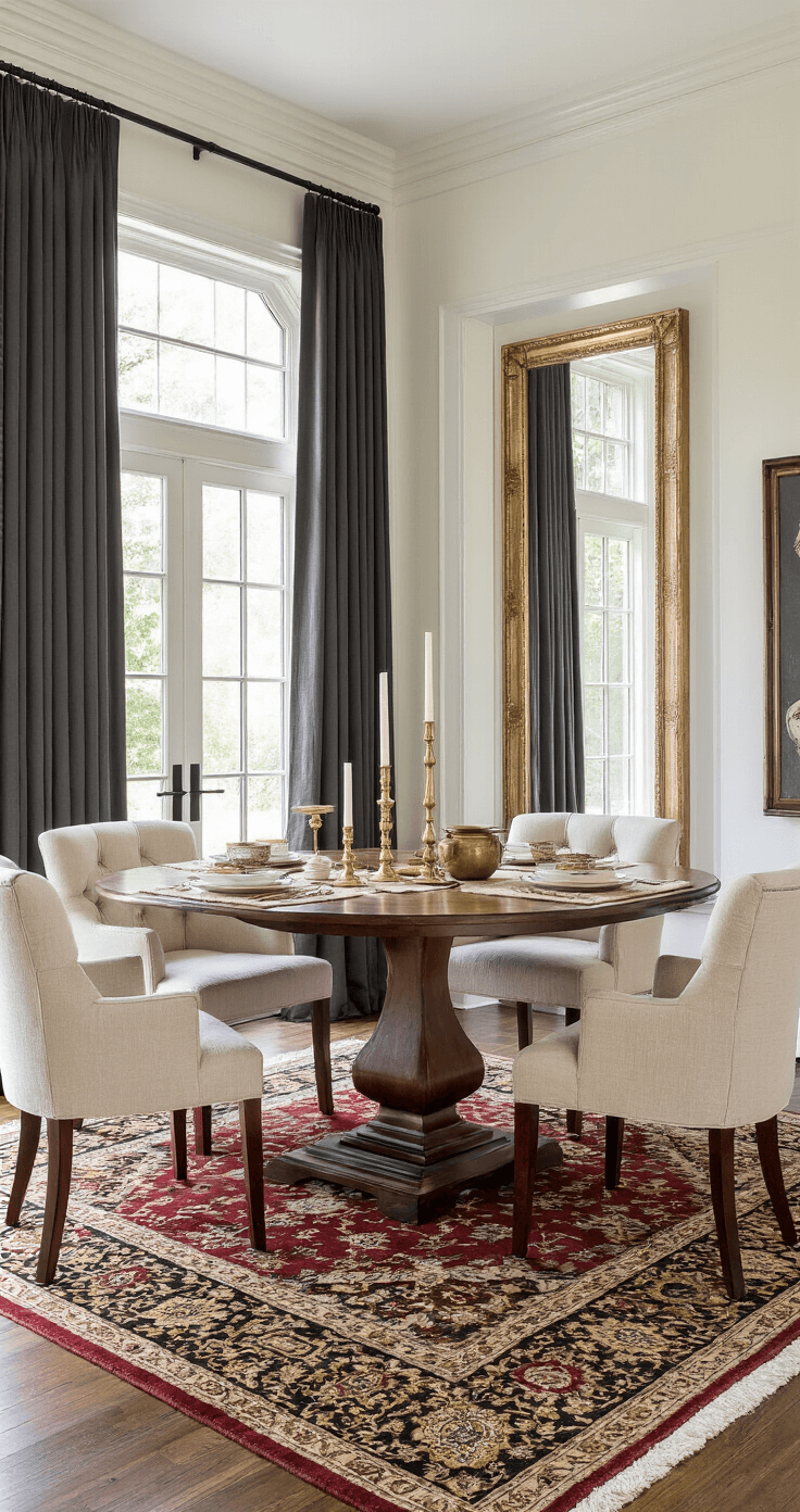 Creating a Cozy Dining Room: My Journey from Stuffy to Spectacular Sophisticated dining room with rich textile layers, featuring charcoal linen drapes, a burgundy and gold Persian rug, walnut pedestal table, brass candlesticks, and cream upholstered chairs, illuminated by soft natural light in a warm color palette.