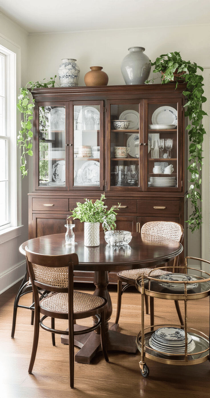 Creating a Cozy Dining Room: My Journey from Stuffy to Spectacular Functional dining room featuring a dark walnut sideboard with decorative vignettes, a glass-front china cabinet with LED lighting, and a brass bar cart, all captured in warm morning light with a round pedestal dining table and mix-and-match chairs, highlighting smart storage solutions and an uncluttered layout.