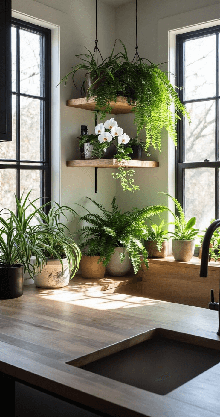 Contemporary kitchen nook featuring industrial windows, filled with pet-safe plants such as Spider Plant, Boston Fern, and orchids on floating shelves, captured in mid-morning light with dramatic shadows, showcasing a matte black and white color scheme with copper accents, shot from below to emphasize hanging foliage.