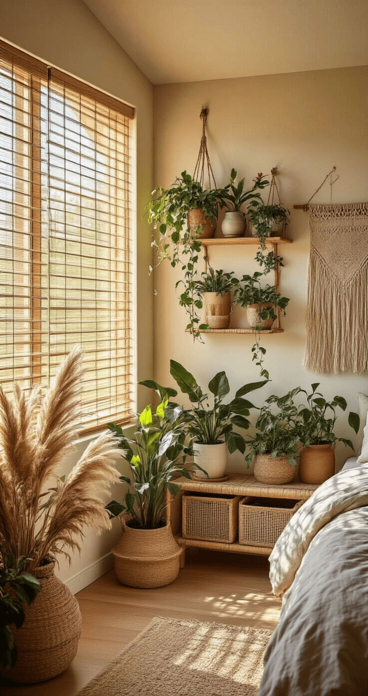 A cozy bohemian bedroom corner featuring a plant gallery wall with mixed flowering plants in handmade ceramic vessels, illuminated by golden hour sunlight streaming through bamboo blinds, along with macramé plant hangers and vintage textile wall art, creating a warm and dreamy atmosphere.