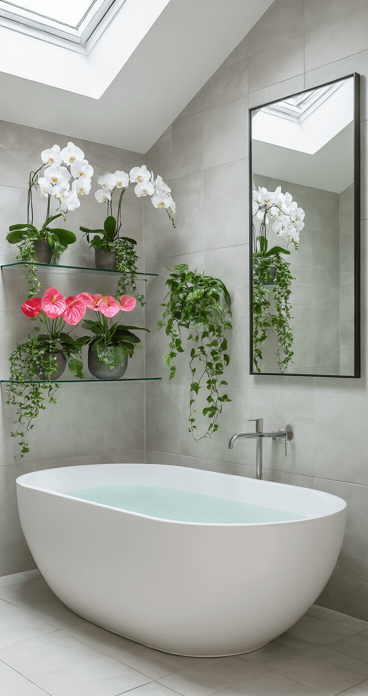 A minimalist bathroom featuring an 8x10ft space with a skylight, filled with diffused mid-day light. Floating glass shelves display humidity-loving flowering plants, including white orchids, pink Anthuriums, and trailing Pothos against pale grey tiles. A modern freestanding tub sits below, and the scene is captured from a corner angle highlighting the height and reflection in an oversized mirror, creating a clean, spa-like atmosphere with organic shapes.