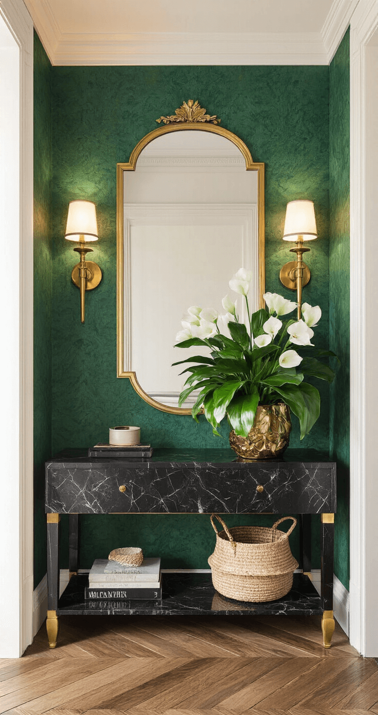 Art deco inspired entryway featuring herringbone hardwood floors, illuminated by evening ambient lighting from vintage sconces. A statement console displays a blooming Kalanchoe and Peace Lily arrangement against emerald green wallpaper, complemented by a brass mirror and black marble console, creating a moody, luxurious atmosphere with jewel tones and metallic accents.