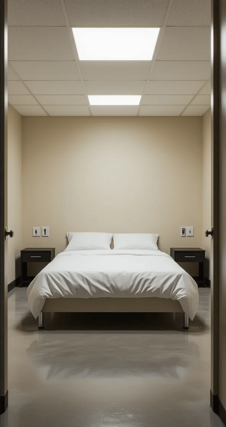 Transform Your Space: The Ultimate Guide to Creating a Cozy Room Aesthetic That Actually Works Photorealistic image of a medium-sized bedroom with beige walls, a basic platform bed with white linens, minimal black nightstands, and chrome fixtures under harsh overhead lighting. The cold concrete floor reflects fluorescent light, creating stark shadows and a clinical atmosphere, reminiscent of a hotel room. Shot from a low angle near the doorway with a wide-angle lens, emphasizing the room's unwelcoming and emotionally distant feel, enhanced by cool blue undertones.