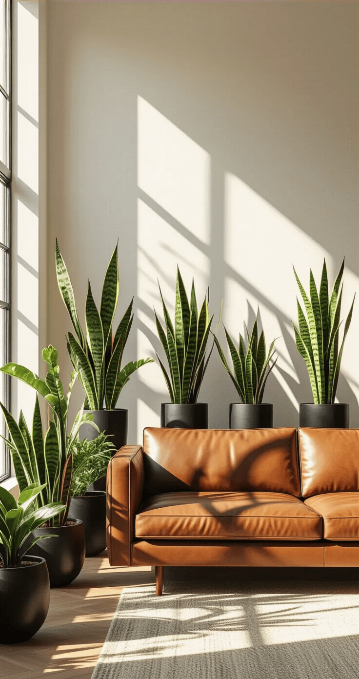 A sunlit modern living room with a mid-century cognac leather sofa, floor-to-ceiling windows, and thriving snake plants in matte black ceramics, casting dramatic shadows on a textured white wall at golden hour.