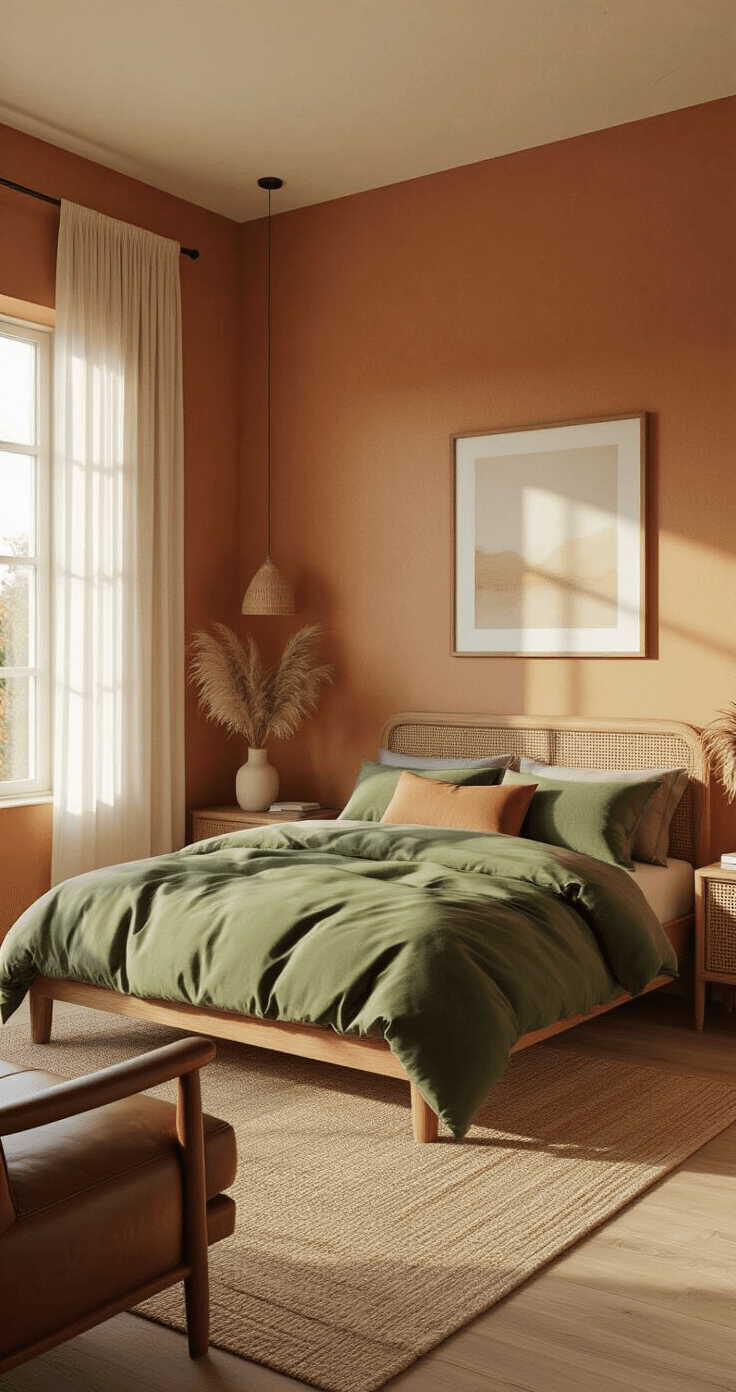 Transform Your Space: The Ultimate Guide to Creating a Cozy Room Aesthetic That Actually Works Warm and inviting bedroom interior featuring terracotta accent walls, forest green bedding, and creamy peach undertones, illuminated by soft natural light during golden hour, showcasing textured surfaces and vintage furniture in a harmonious color palette.