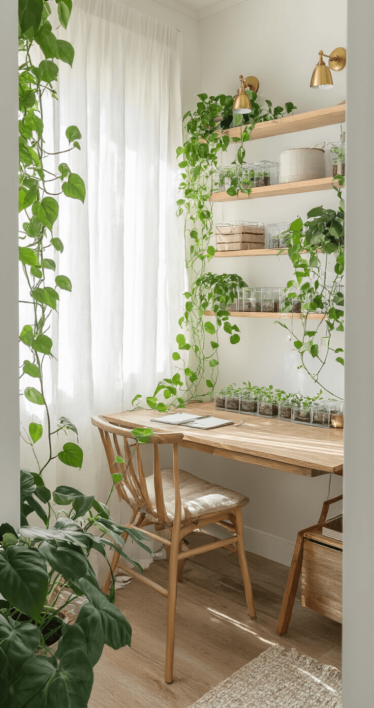 Intimate home office nook with morning light filtering through sheer curtains, illuminating cascading pothos vines from wooden shelves, a vintage wooden desk with glass propagation stations, and brass sconces, showcasing a harmonious blend of greenery and workspace elements.