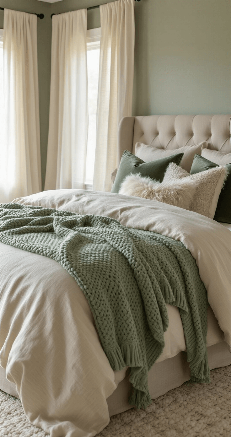 Transform Your Space: The Ultimate Guide to Creating a Cozy Room Aesthetic That Actually Works Luxuriously layered bedroom scene featuring a king bed adorned with cream linen sheets, a sage green chunky knit throw, and a mix of velvet and faux fur pillows, all set against a bouclé upholstered headboard and dove gray walls, illuminated by soft morning light filtering through gauze curtains.