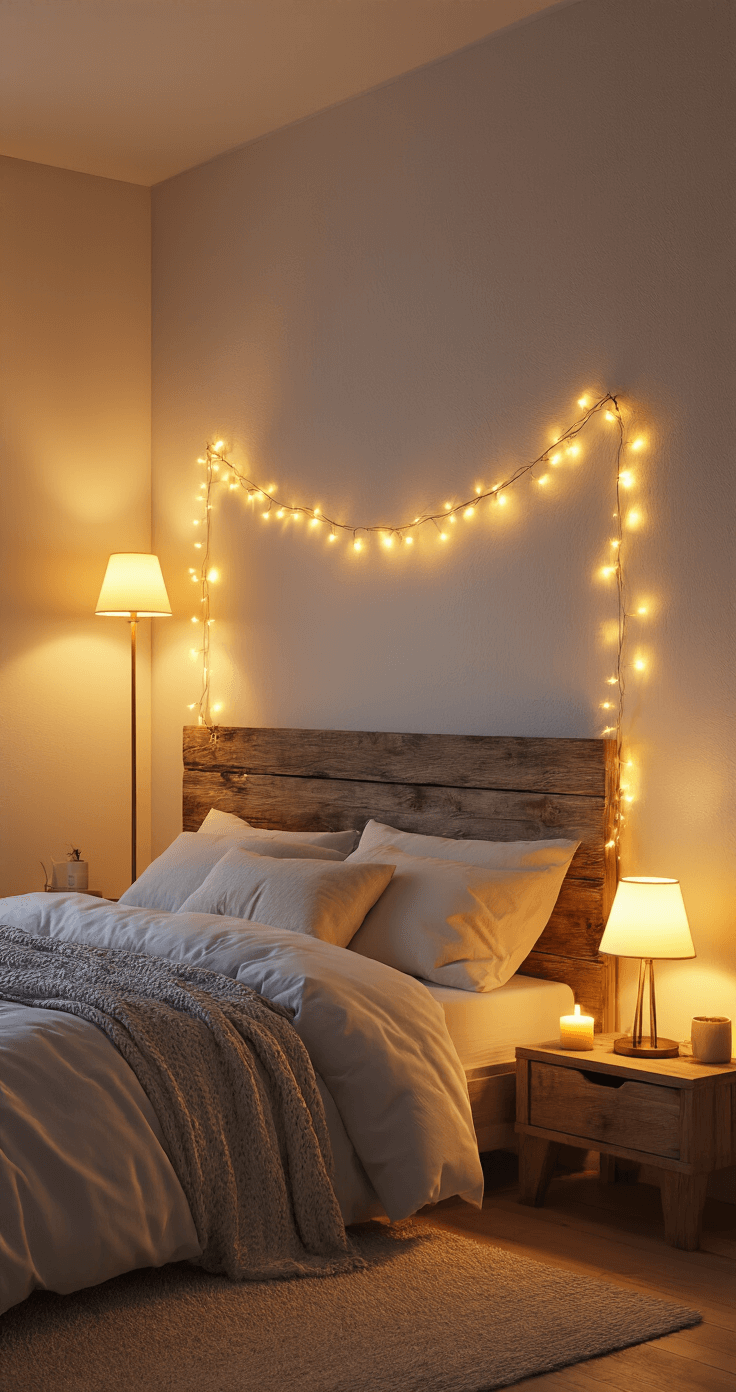 Transform Your Space: The Ultimate Guide to Creating a Cozy Room Aesthetic That Actually Works Cozy bedroom interior at twilight, glowing with warm 2700K lighting from table lamps, string lights, a floor lamp, and candles, creating an intimate atmosphere with soft shadows and layered bedding.