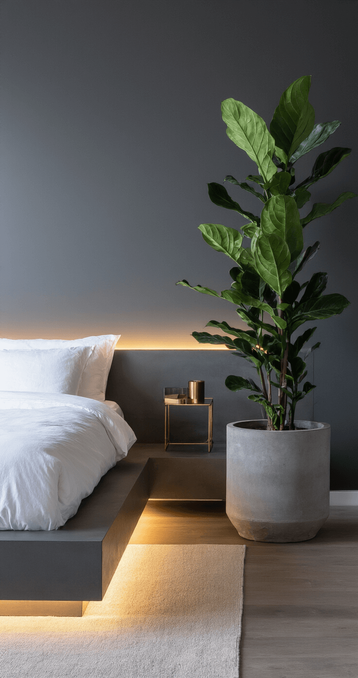 A minimalist bedroom at dusk, featuring a tall ZZ plant in a concrete planter beside a platform bed. Indirect LED strip lighting casts a moody ambiance against charcoal grey walls, contrasting with white linens and the plant's glossy leaves. The low camera angle highlights the plant's sculptural form, set within a cool-toned color palette with brass accents in the lighting fixtures.