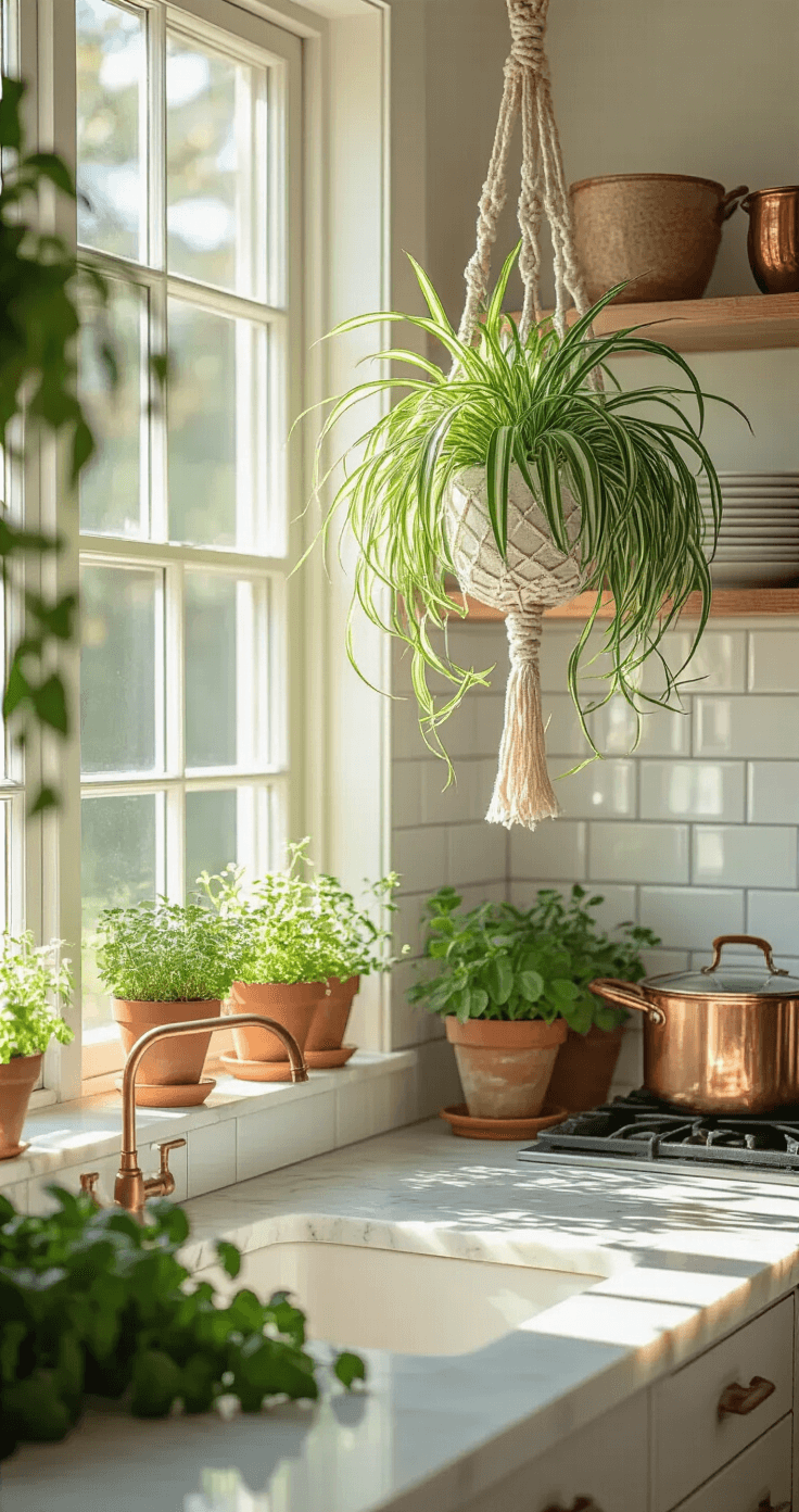 Bright kitchen corner with cascading spider plants in macramé hangers, white subway tiles, marble countertops, and copper cookware, bathed in mid-morning light, with terracotta pots of herbs adding depth.
