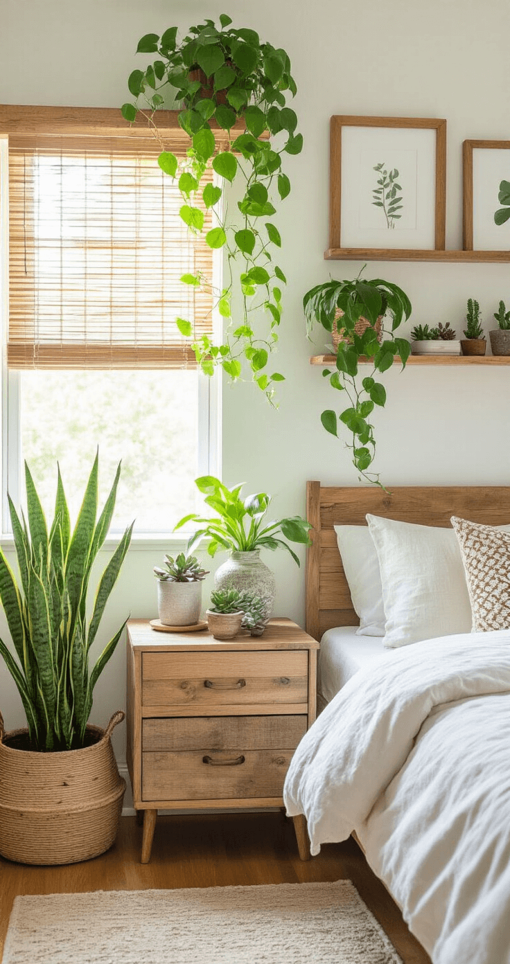 Transform Your Space: The Ultimate Guide to Creating a Cozy Room Aesthetic That Actually Works A naturally-inspired bedroom featuring greenery and wood accents, with plants like pothos and a snake plant, arranged alongside a reclaimed wood nightstand and bamboo blinds, illuminated by bright afternoon light.