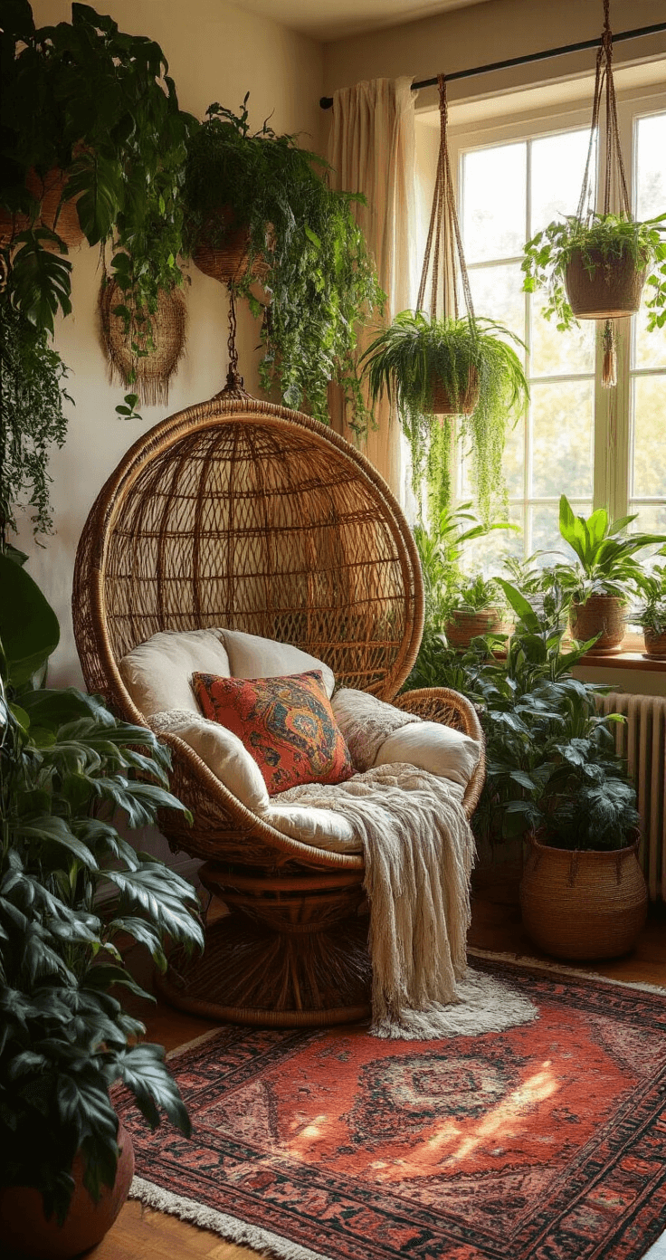 A cozy bohemian reading nook at sunset featuring an oversized peacock chair, draped textiles, and an array of air-purifying plants in rattan stands and hanging planters, all on a warm-toned Persian rug. The image captures the nook from a corner angle, emphasizing the layered plant arrangement and the warm, inviting atmosphere created by natural and accent lighting.