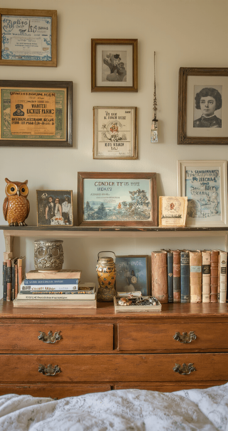 Transform Your Space: The Ultimate Guide to Creating a Cozy Room Aesthetic That Actually Works A cozy 13x13 foot bedroom bathed in warm afternoon light at 4 PM, featuring a display shelf with framed concert ticket stubs, vintage postcards, a quirky ceramic owl, and worn books. A gallery wall of family photos in mismatched frames above a vintage wooden dresser, with a grandmother's open jewelry box on the nightstand, highlighting personal items and emotional connections in the space.