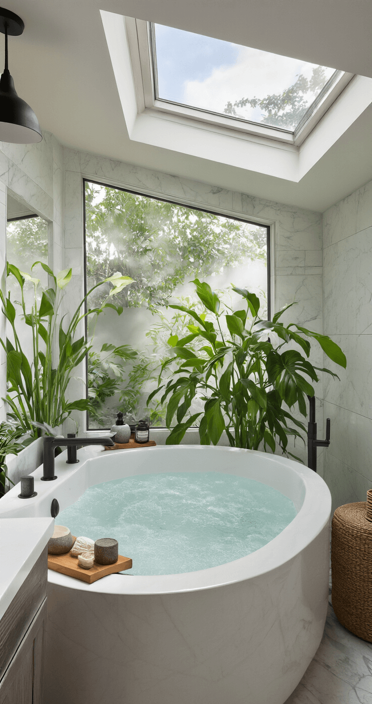Modern bathroom with skylight featuring a freestanding soaking tub, peace lily, and marble tiles; steam and filtered light create an ethereal atmosphere, complemented by matte black fixtures and natural wooden and stone accents.